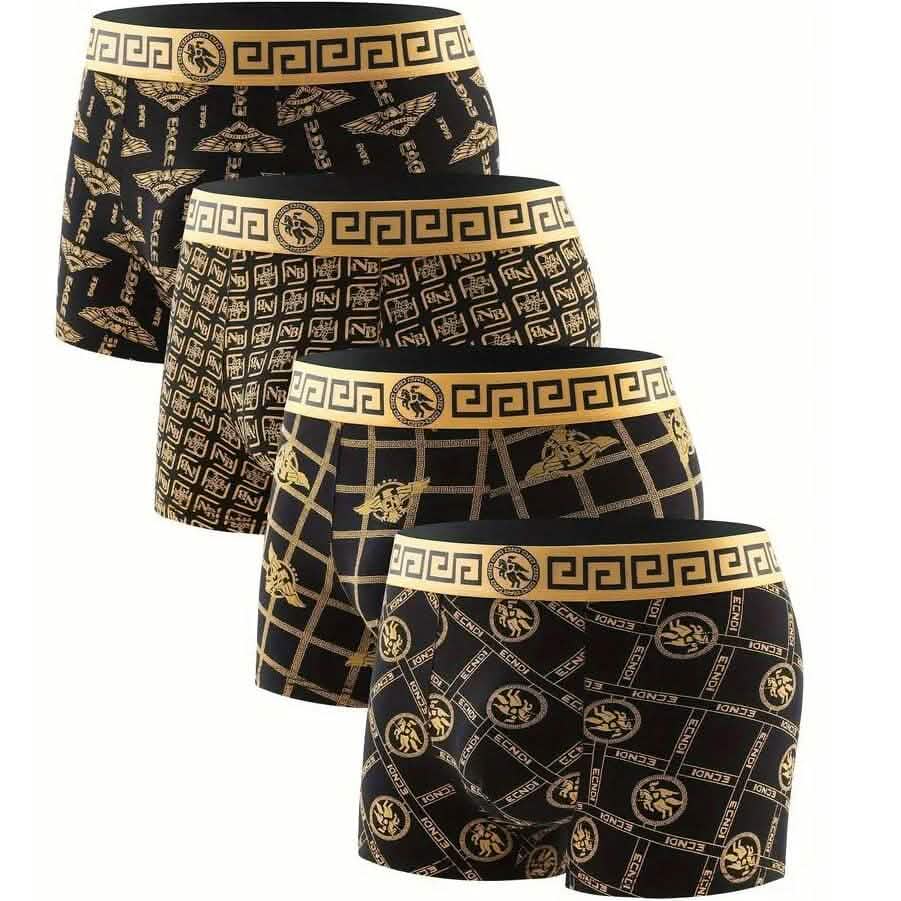 4 pièces : Boxer homme de luxe noir à imprimé doré taille mi-haute