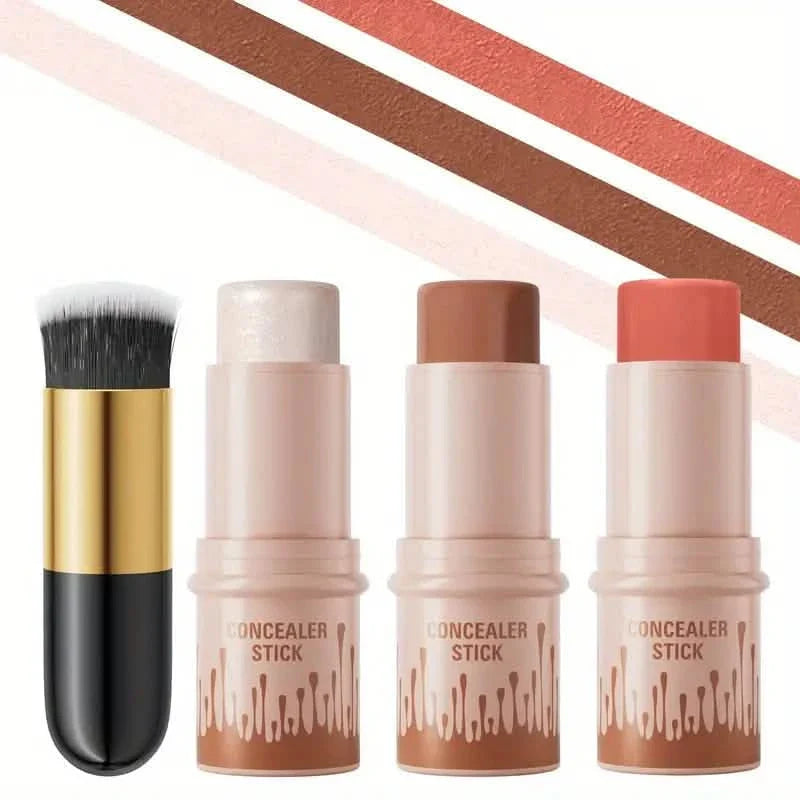 4 pièces : Kit étanche de contour et d'illuminateur crème avec pinceau