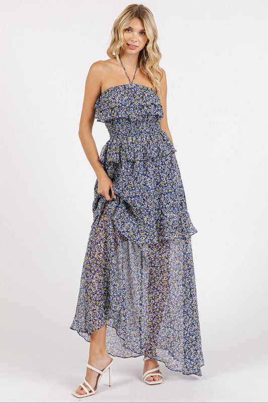 Robe longue d'été fleurie à volants et dos nu – Robe longue fleurie féminine et élégante avec taille smockée