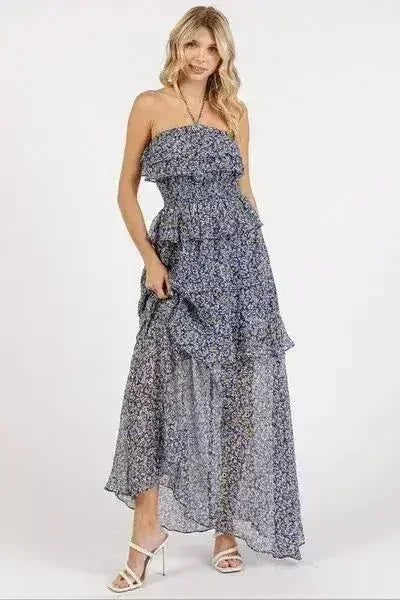 Robe longue à fleurs froncée et à col bénitier Mittoshop
