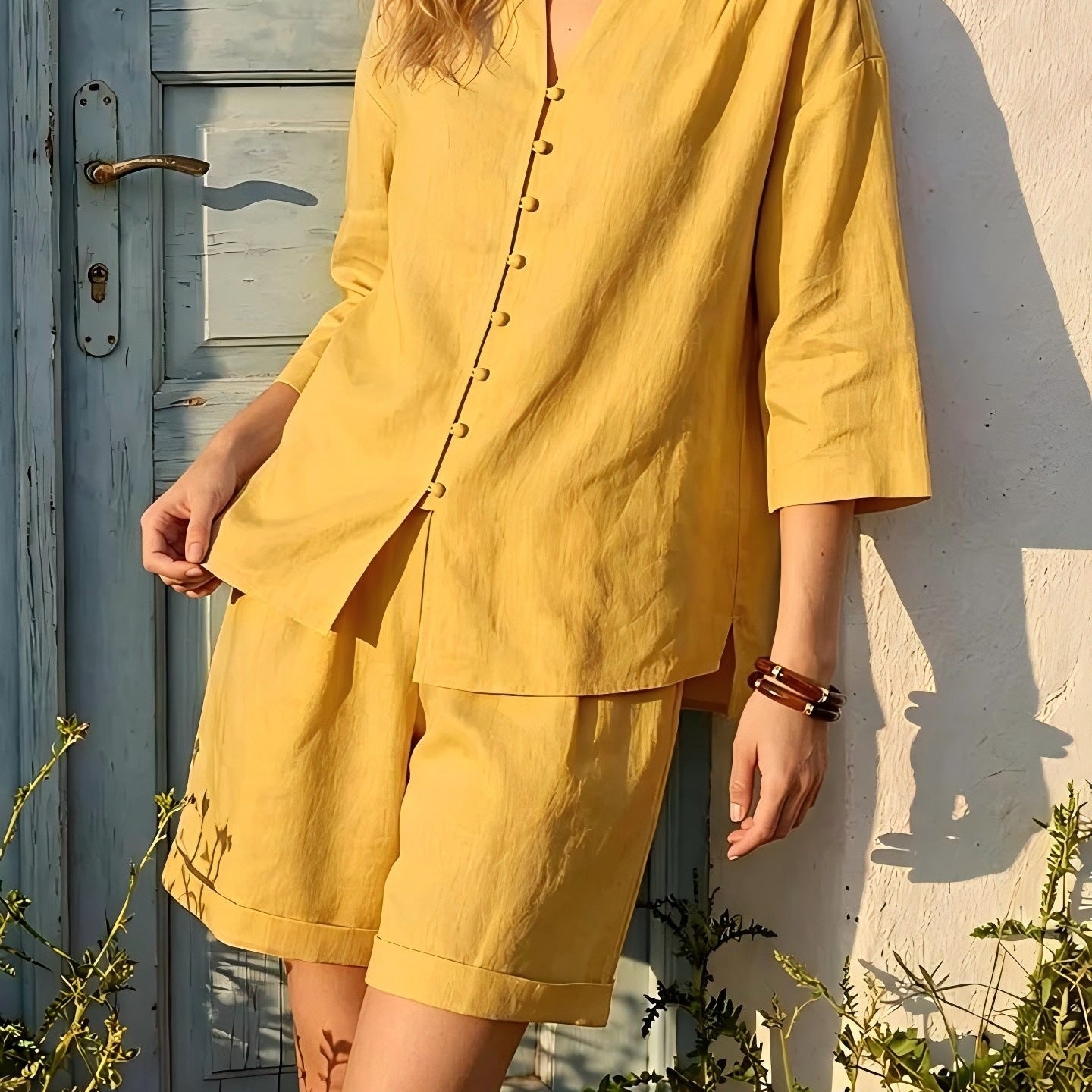 Ensemble deux pièces pour femme, débardeur col en V et short taille haute à jambes larges