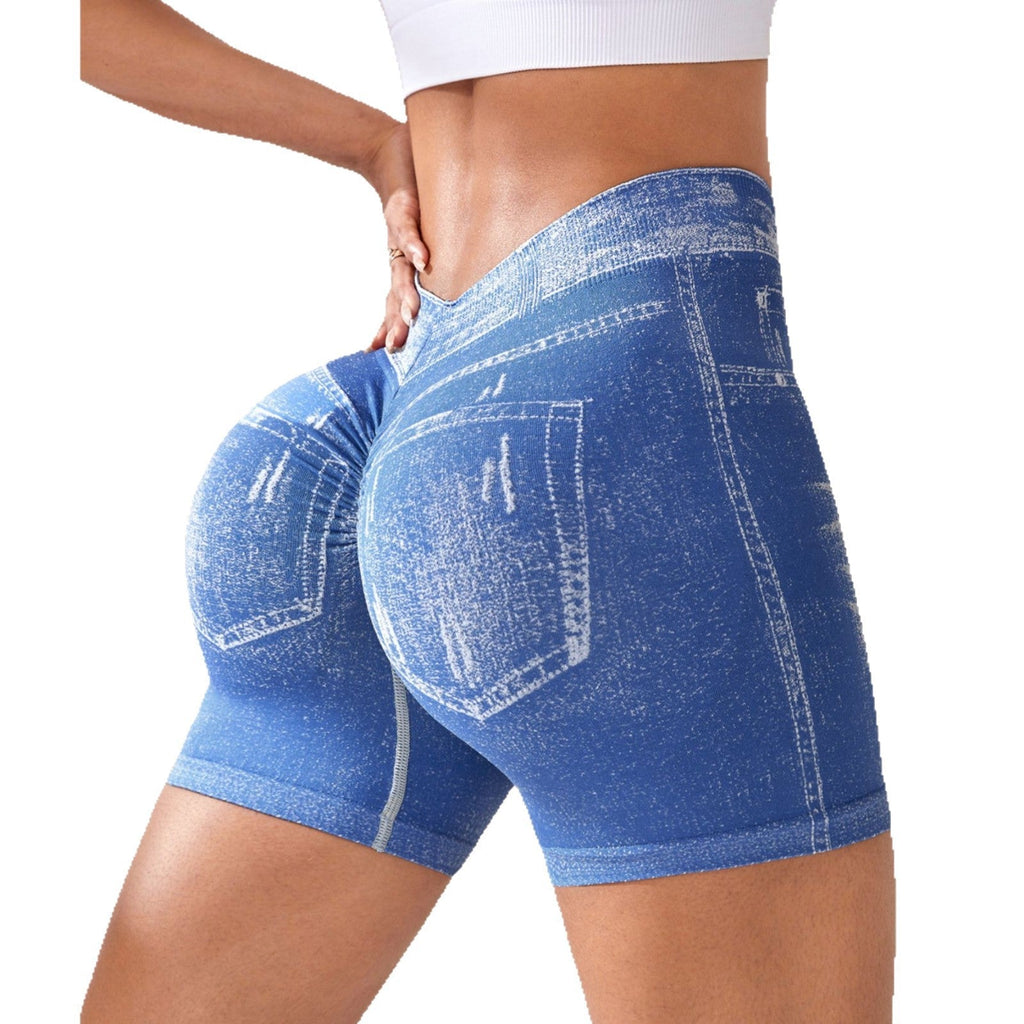 Shorts de yoga sans couture en jean pour femmes, shorts de course et de fitness ajustés à séchage rapide, avec taille en V et rehaussement des hanches