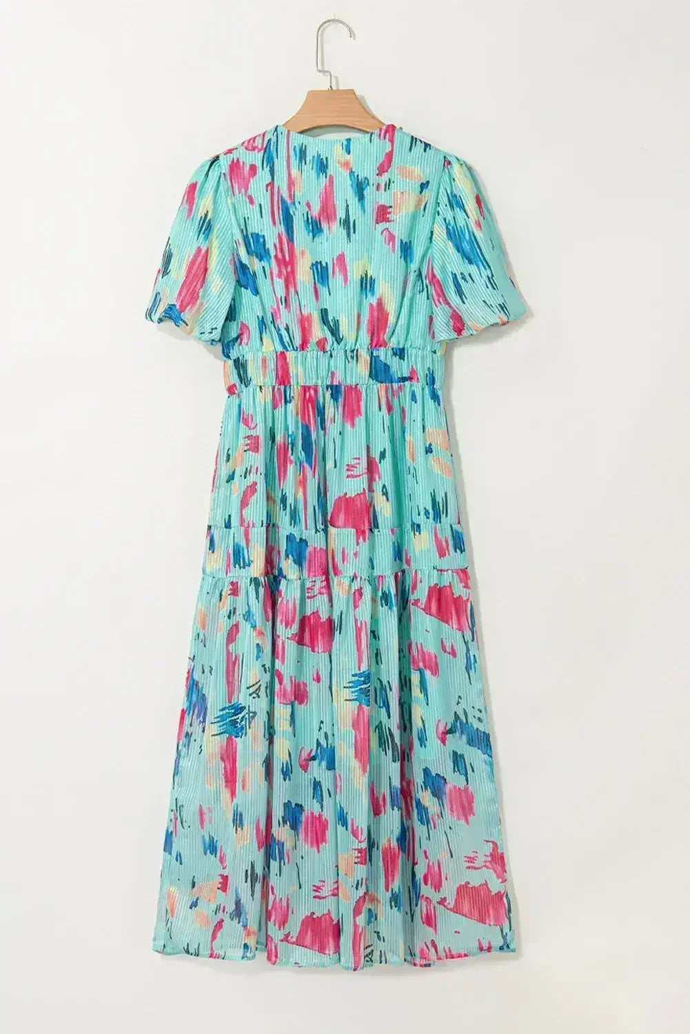 Robe longue étagée à manches courtes bouffantes imprimé abstrait bleu ciel