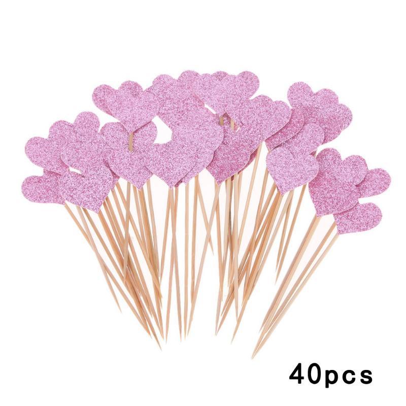 40 pièces/lot de cartes en forme de cœur Bling avec cure-dent pour mariage, fête d'anniversaire, cadeaux mignons, décorations de gâteaux, pics à cocktails, cure-dents en bambou faits à la main en forme de cœur
