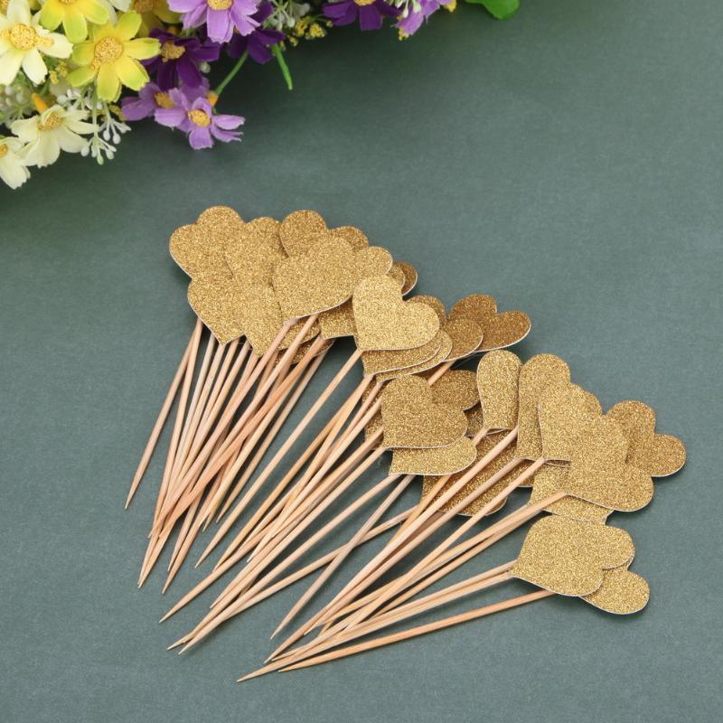 40 pièces/lot de cartes en forme de cœur Bling avec cure-dent pour mariage, fête d'anniversaire, cadeaux mignons, décorations de gâteaux, pics à cocktails, cure-dents en bambou faits à la main en forme de cœur
