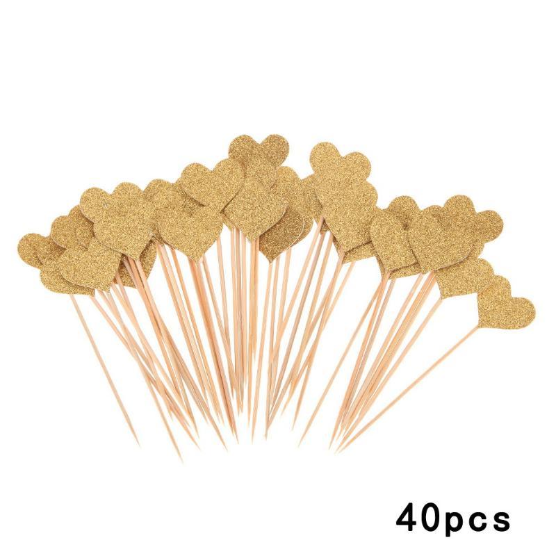 40 pièces/lot de cartes en forme de cœur Bling avec cure-dent pour mariage, fête d'anniversaire, cadeaux mignons, décorations de gâteaux, pics à cocktails, cure-dents en bambou faits à la main en forme de cœur