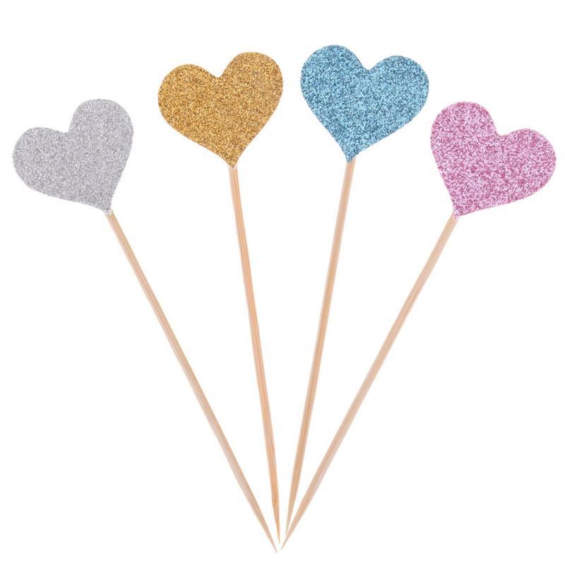 40 pièces/lot de cartes en forme de cœur Bling avec cure-dent pour mariage, fête d'anniversaire, cadeaux mignons, décorations de gâteaux, pics à cocktails, cure-dents en bambou faits à la main en forme de cœur
