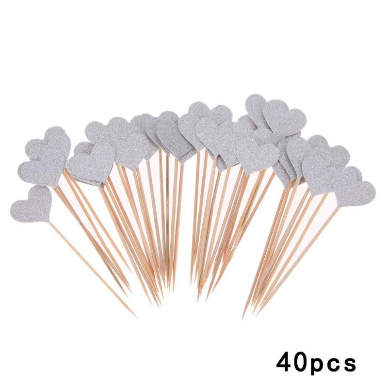 40 pièces/lot de cartes en forme de cœur Bling avec cure-dent pour mariage, fête d'anniversaire, cadeaux mignons, décorations de gâteaux, pics à cocktails, cure-dents en bambou faits à la main en forme de cœur