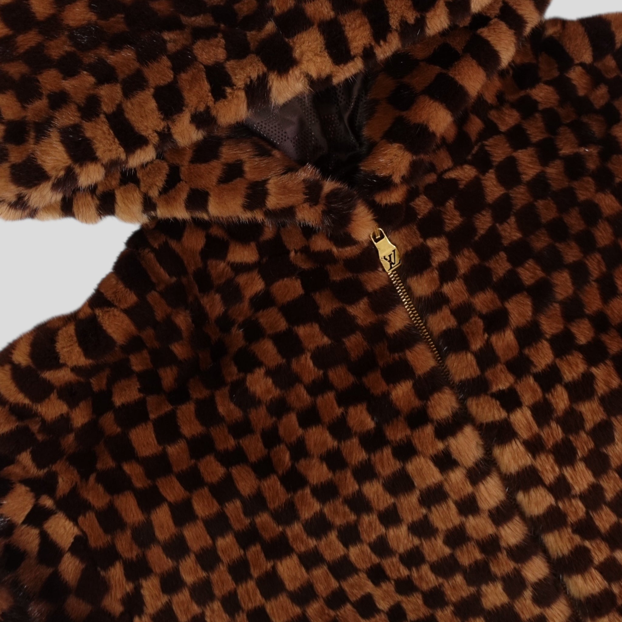 Sweat à capuche zippé Louis Vuitton en vison intarsia Damier marron