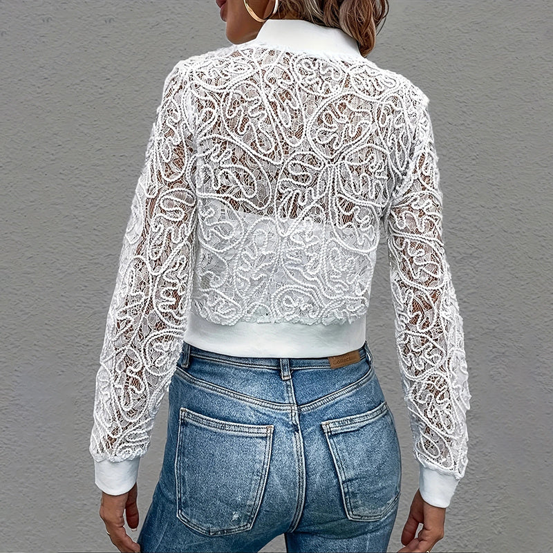 Veste élégante à manches longues en dentelle zippée pour femme, haut printemps automne