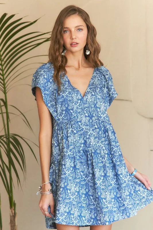 Nouvelle mini-robe d'été à imprimé col en V et manches à volants – Robe à imprimé floral féminine, élégante, mode, séduisante et amusante