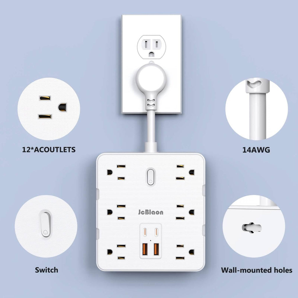 Multiprise 16-en-1 – 12 prises CA et 4 ports USB, blanche