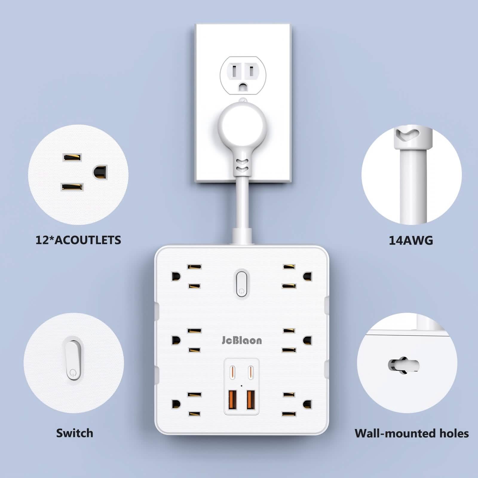 Multiprise 16-en-1 – 12 prises CA et 4 ports USB, blanche