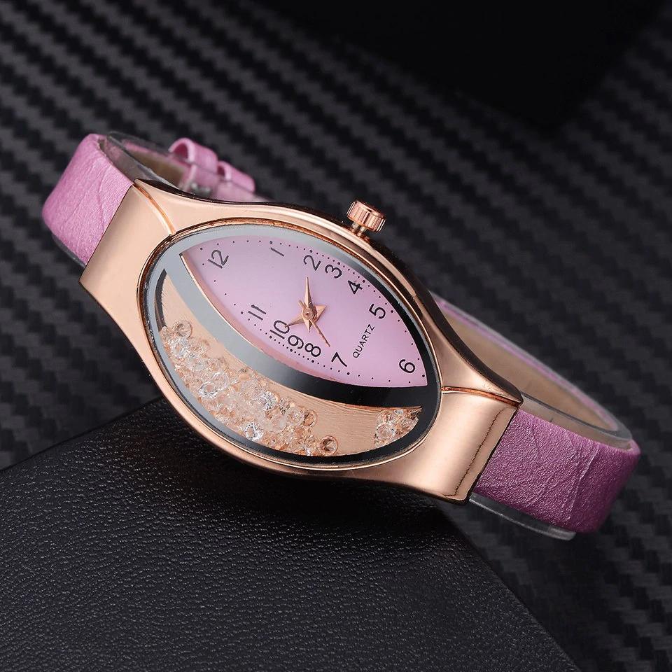 Montre de luxe Ellipse en PU à bracelet en cuir pour femmes, montre-bracelet à quartz sport en strass pour femmes et jeunes filles