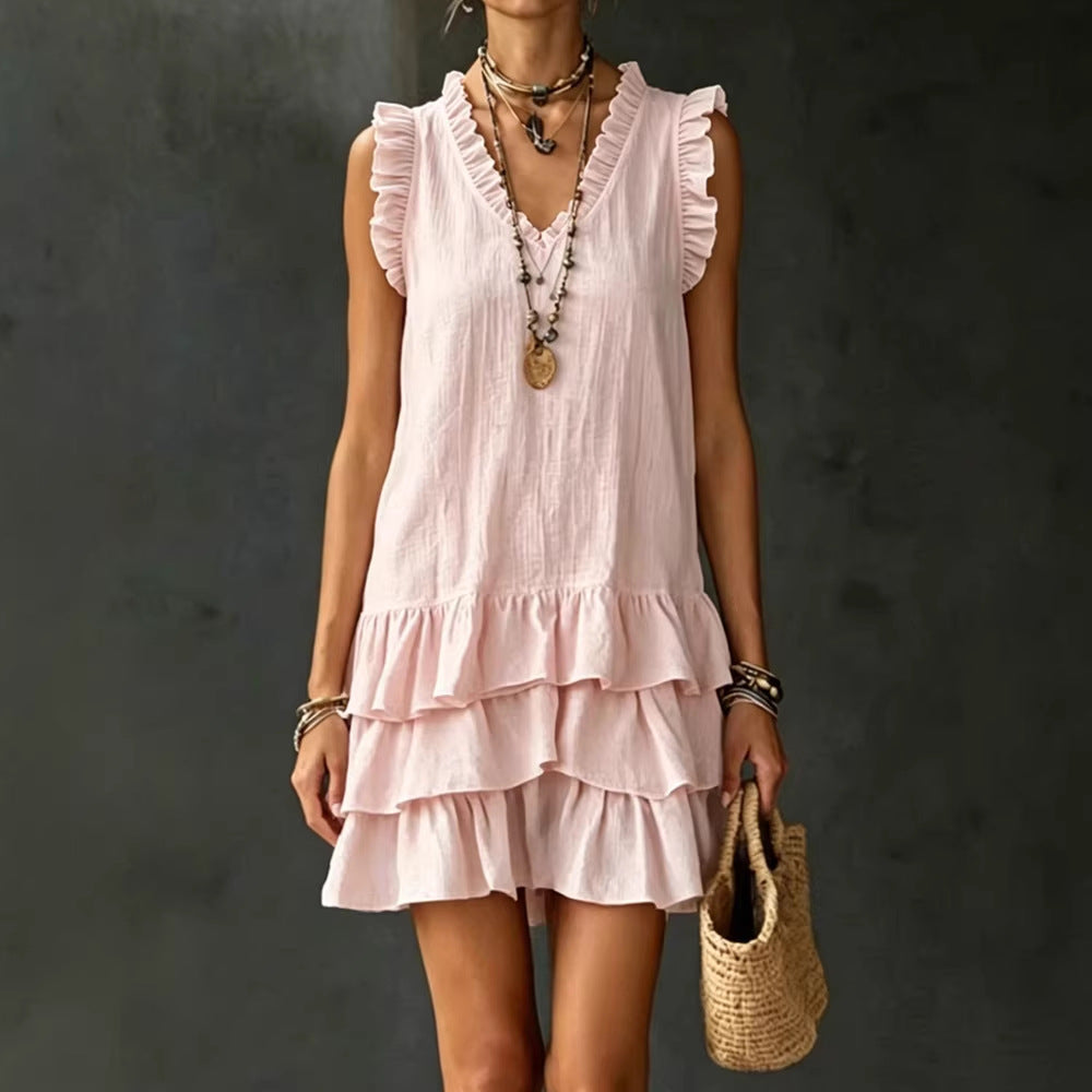 Robe midi sans manches à volants et encolure en V – 4 couleurs, du S au XXL