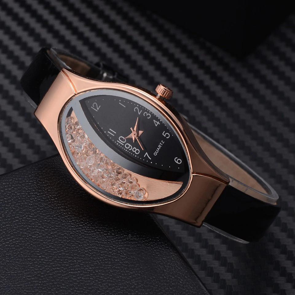 Montre de luxe Ellipse en PU à bracelet en cuir pour femmes, montre-bracelet à quartz sport en strass pour femmes et jeunes filles