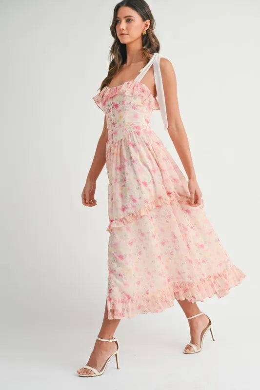 Robe Midi Imprimé Floral à Bretelles Pour Femme – Robe Midi Fleurie, Robe à Bretelles, Robe Midi Volants, Robe Fleurie Féminine, Robe de Soirée Élégante
