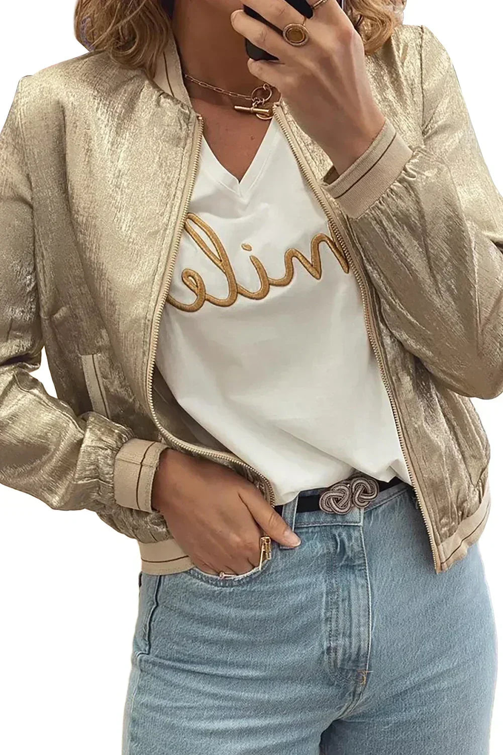 Veste de Baseball Zippée Métallisée Kaki Pâle – Femstylo
