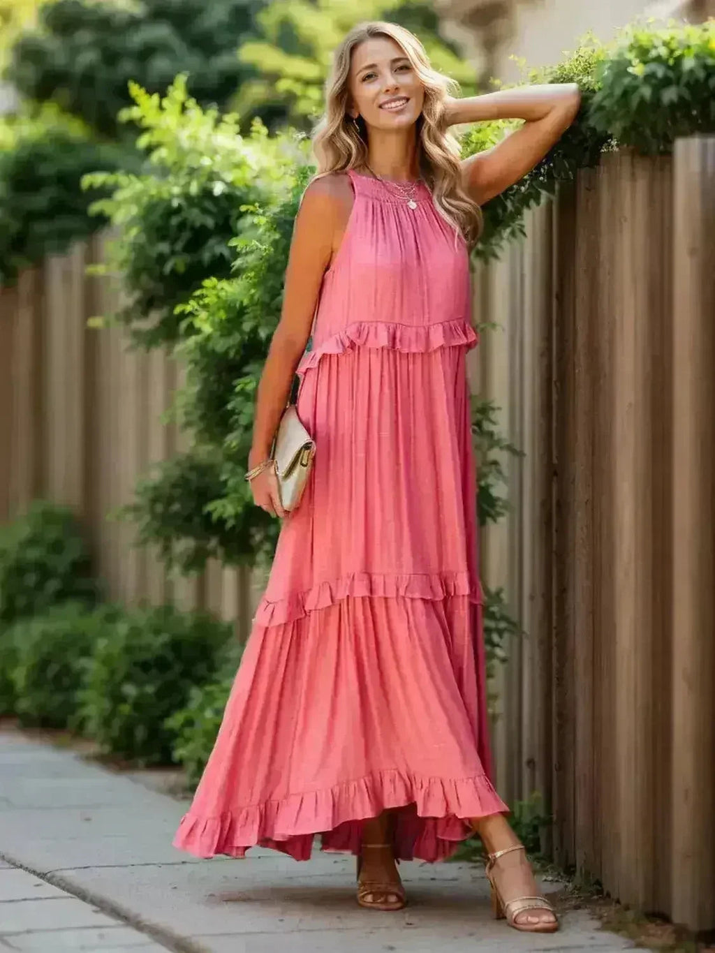 Robe longue étagée sans manches à volants avec poches