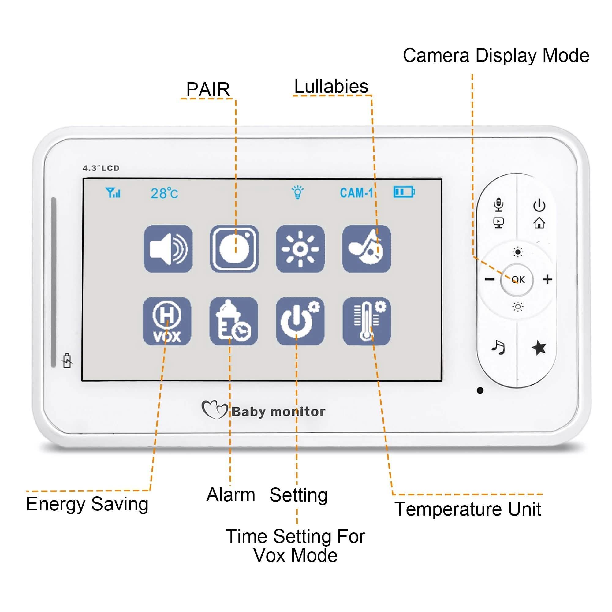 Babyphone 4,3" avec caméra sans fil 2,4 GHz et vidéo bidirectionnelle
