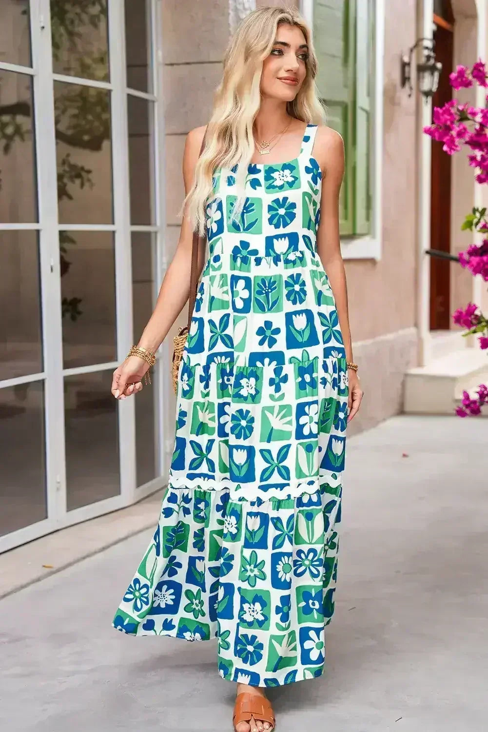 Robe longue multicolore bohème à carreaux fleuris