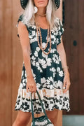 Robe courte vert foncé à imprimé floral, manches à volants et taille empire