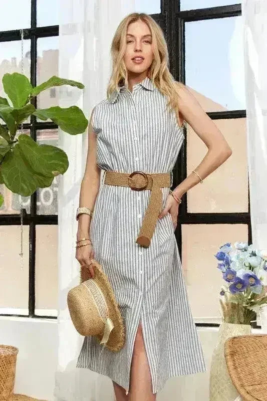 Robe boutonnée ADORA à rayures – Coton midi sans manches
