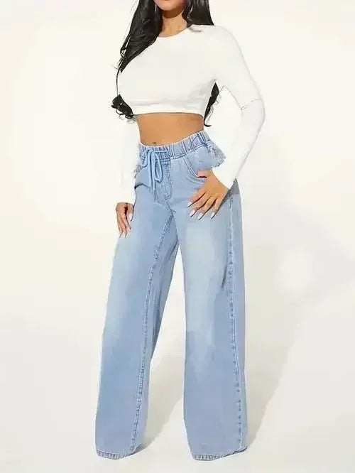 25ème édition – Jean large taille haute à cordon de serrage – Bleu clair