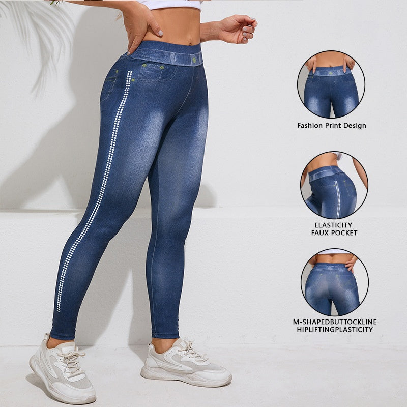 Legging en jean rétro taille haute, pour femme, effet lifting des fesses, pantalon de yoga, jean de yoga, tenue de yoga, tenue de fitness.