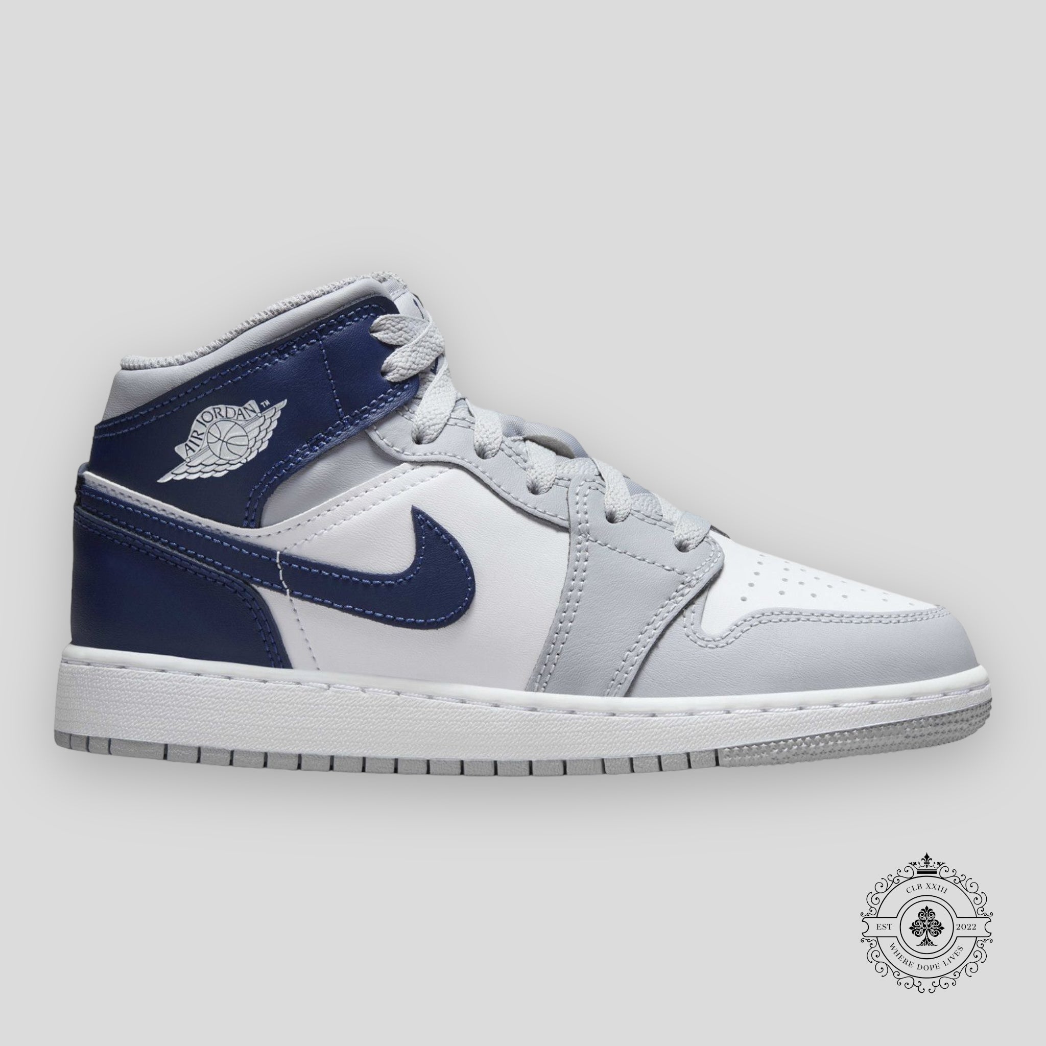 Air Jordan 1 Mid GS Gris Loup Bleu Marine Minuit