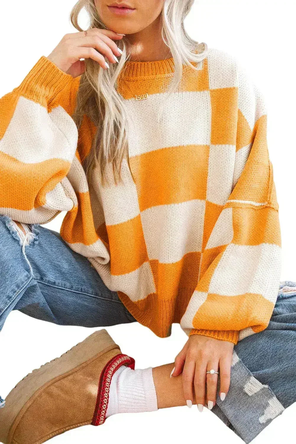 Pull orange à carreaux avec manches évêque - Femstylo