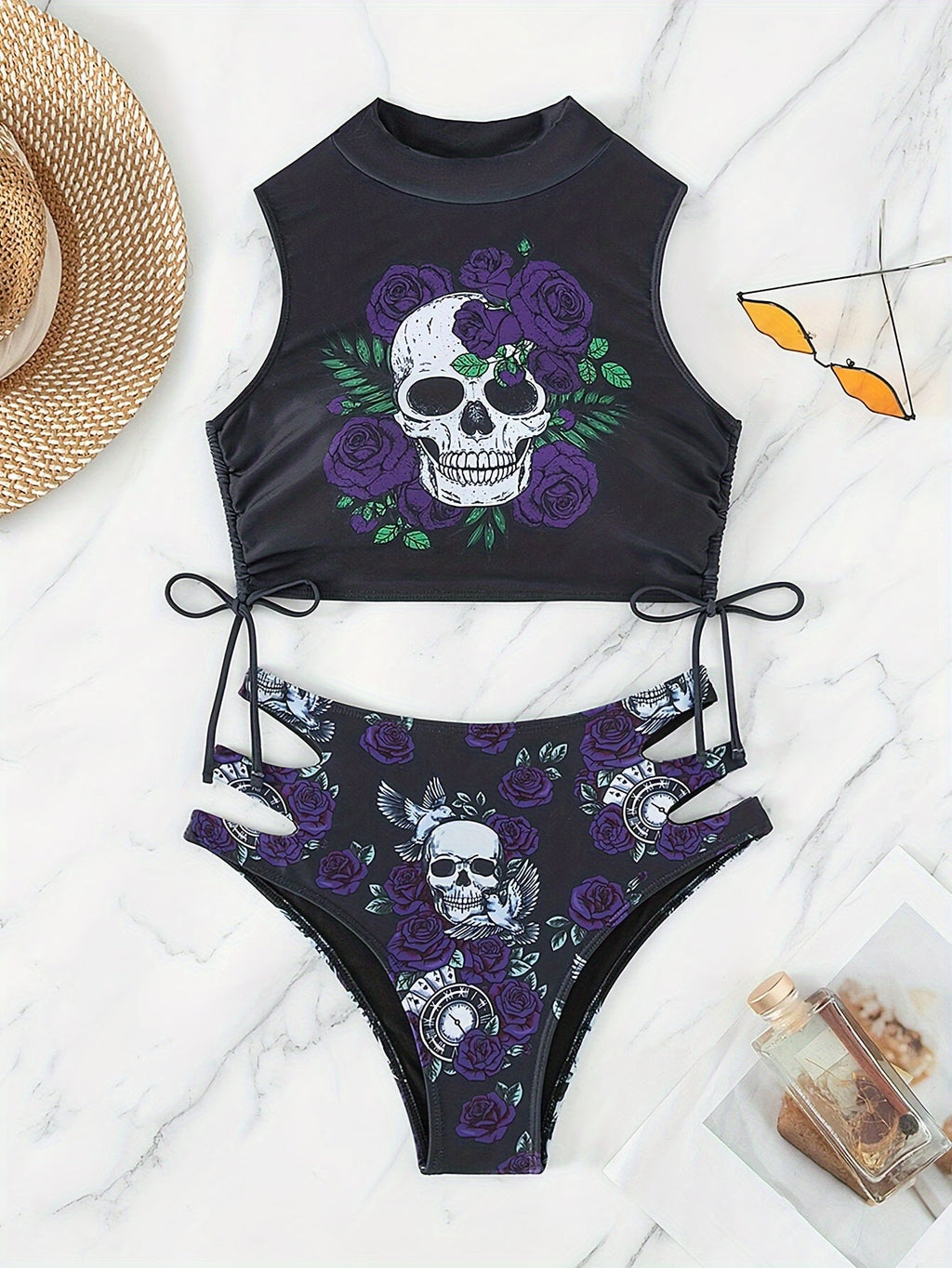 Maillot de Bain 2 Pièces Bikini Imprimé Tête de Mort Creux pour Femme – Maillot de Bain Nœud Papillon Floral Sexy à Lacets avec Col Rond – Ensemble Bikini Extensible Thème Halloween pour Fête à la Plage, Festival et Vacances d'Été
