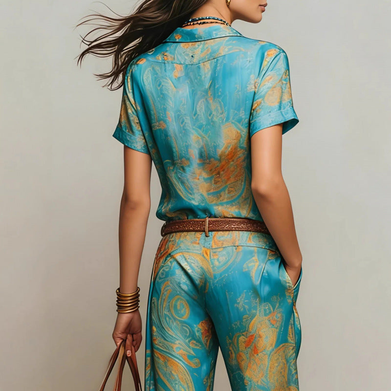 Ensemble deux pièces bohème imprimé pour femme – chemise et pantalon à manches 3/4