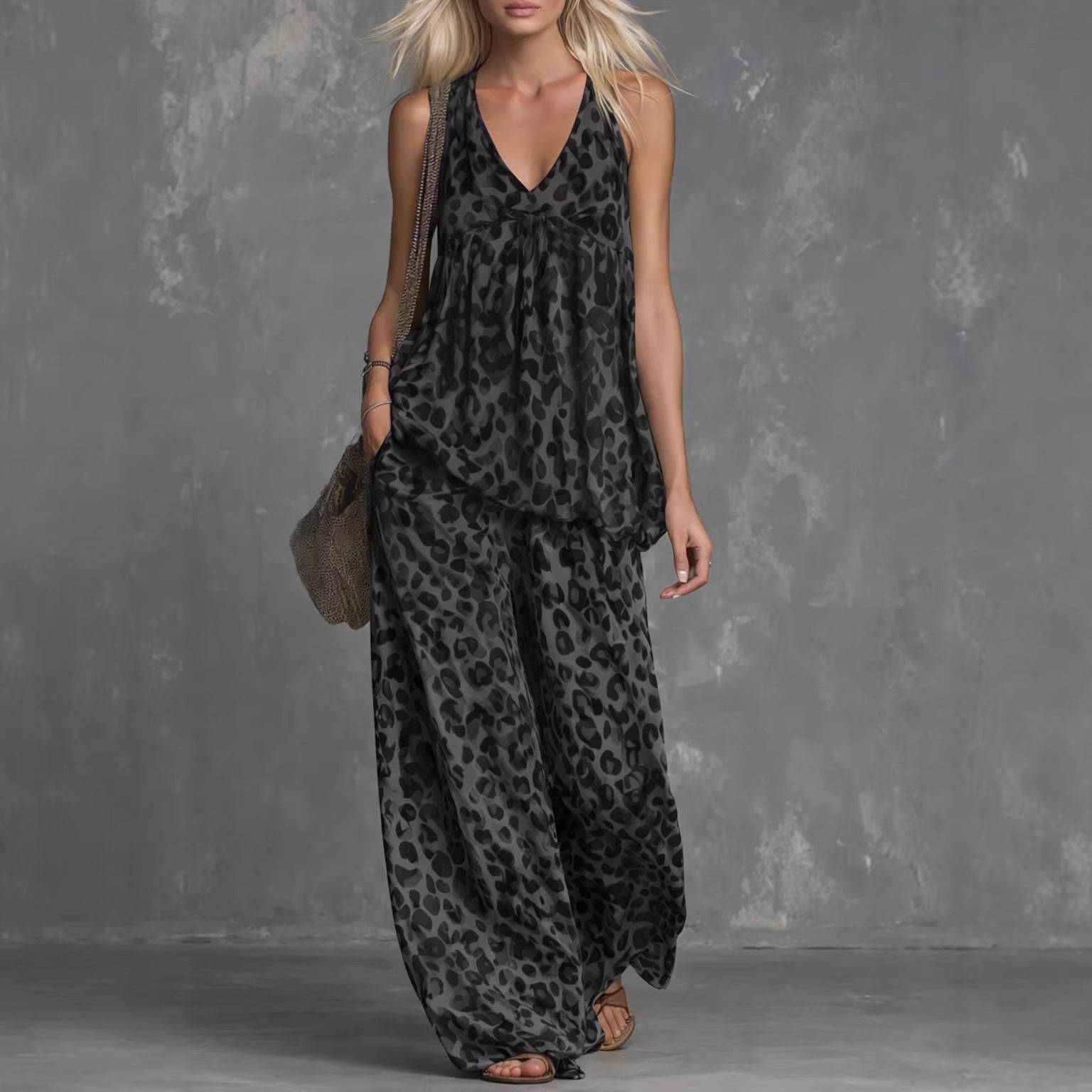 Ensemble Femme Top sans Manches Imprimé Léopard et Pantalon en Mousseline
