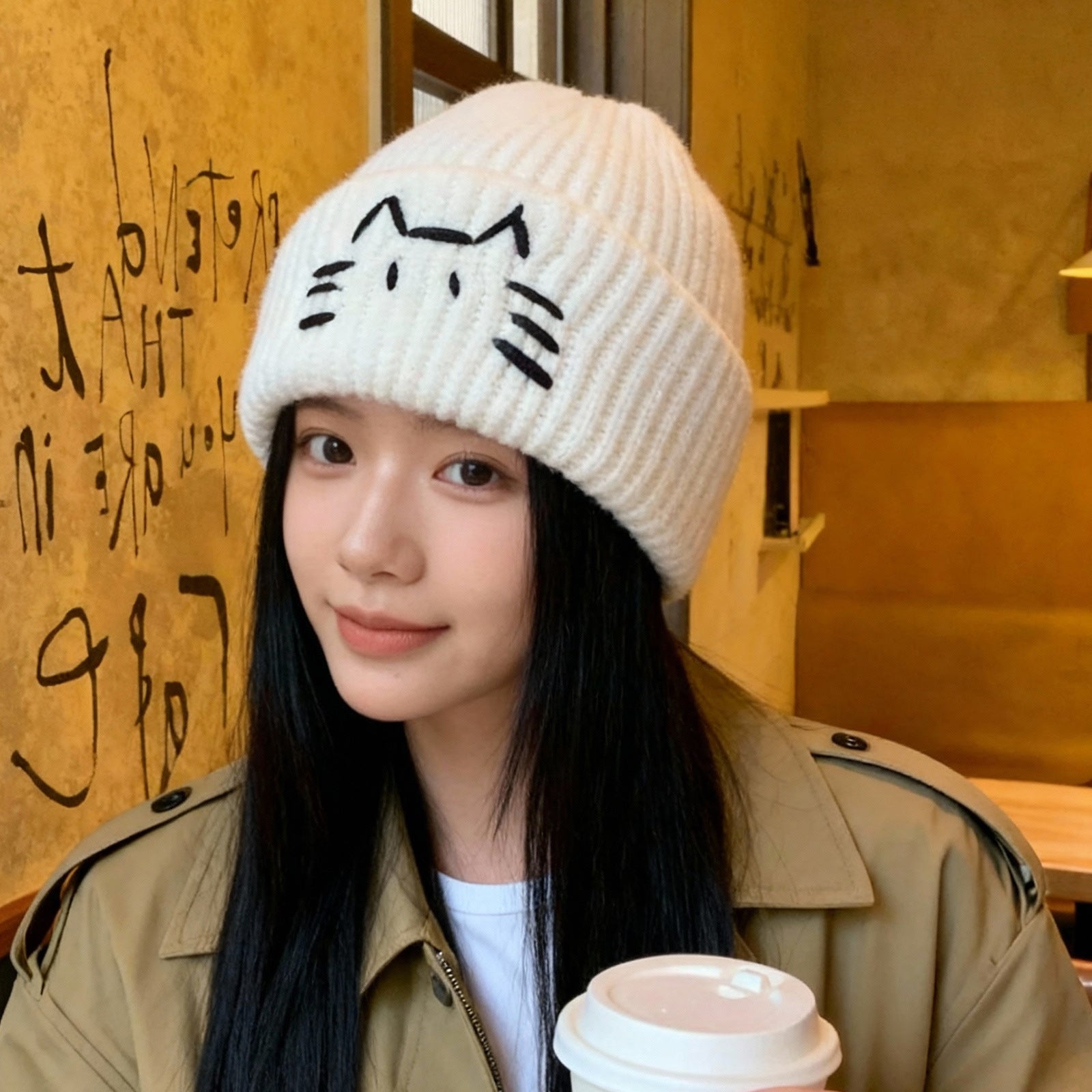 Bonnet tricoté femme motif chat mignon – Bonnet chaud automne et hiver