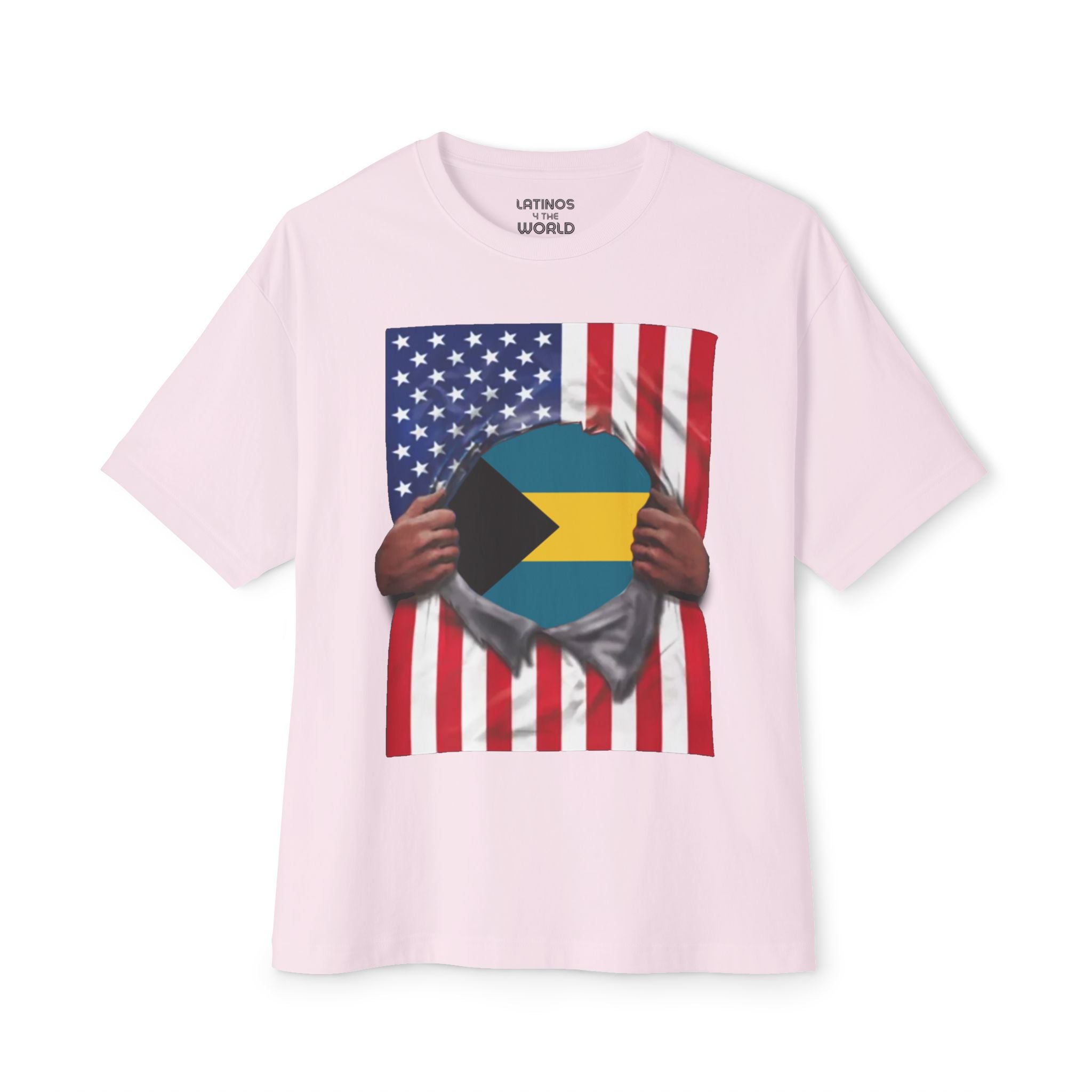 T-shirt Bahamas + drapeau des États-Unis | Drapeaux bahaméen et américain déchirés pour le 4 juillet | T-shirts humoristiques latinos | 4 couleurs