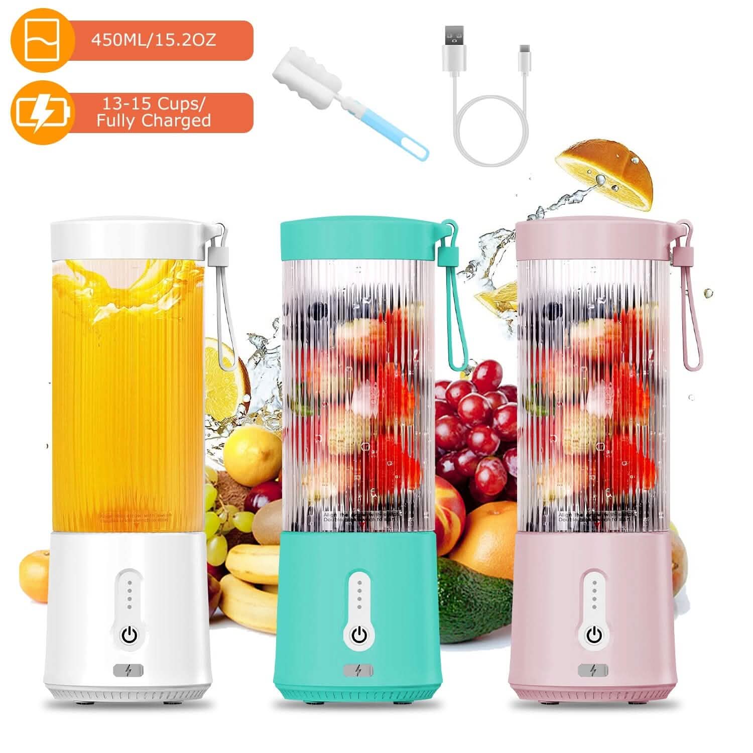 Mixeur à fruits rechargeable de 450 ml avec 6 lames