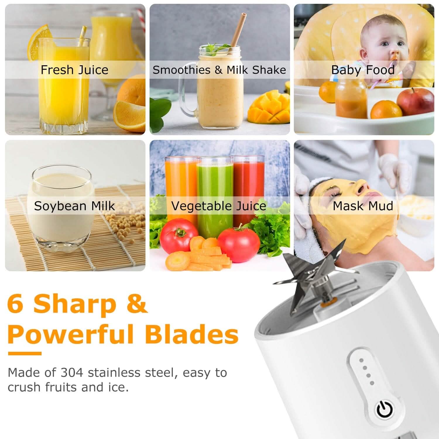 Mixeur à fruits rechargeable de 450 ml avec 6 lames