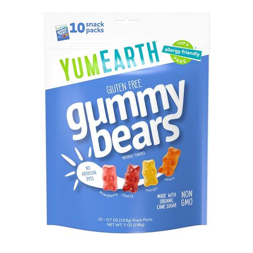 Oursons gommeux bio saveur fruitée Yumearth, 10 sachets-collations de 20 g, hypoallergéniques, sans gluten, sans OGM, sans arômes ni colorants artificiels, assortis