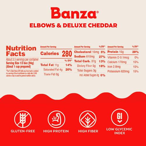 Banza Macaroni au Fromage et Coudes de Luxe au Cheddar Crémeux - Riche en Protéines, Sans Gluten et Faible en Glucides Macaroni au Fromage et Protéines de Luxe 312g