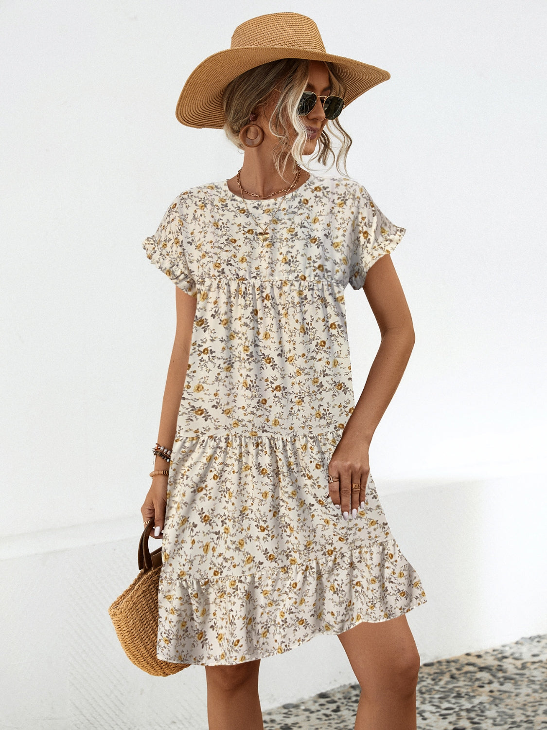 Robe Fleurie Col Rond Manches Courtes Élégante et Décontractée pour Tous les Jours Robe Femme
