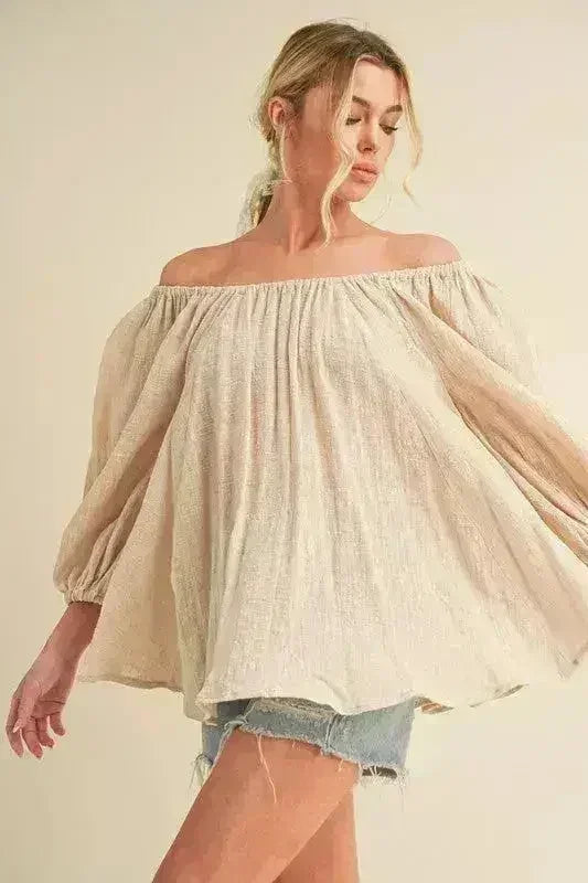 Chemisier à épaules dénudées et manches ballon - Top féminin 100 % coton | Femstylo