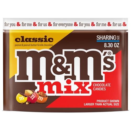 Sachet de bonbons au chocolat M&Ms Classic Mix format familial, chocolat au lait, beurre de cacahuète et cacahuète, 235 g