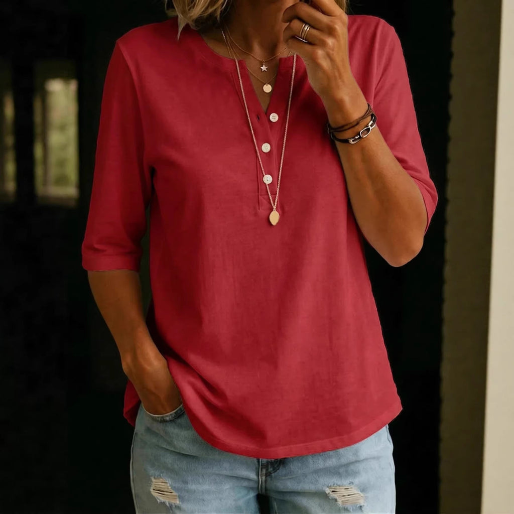 Haut Henley uni à manches courtes et boutonnage frontal pour femme