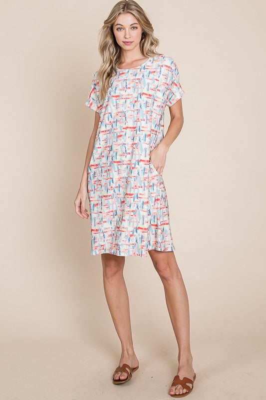 Robe t-shirt imprimée à col rond et manches courtes pour femme – Robe décontractée et confortable avec motif imprimé et poches