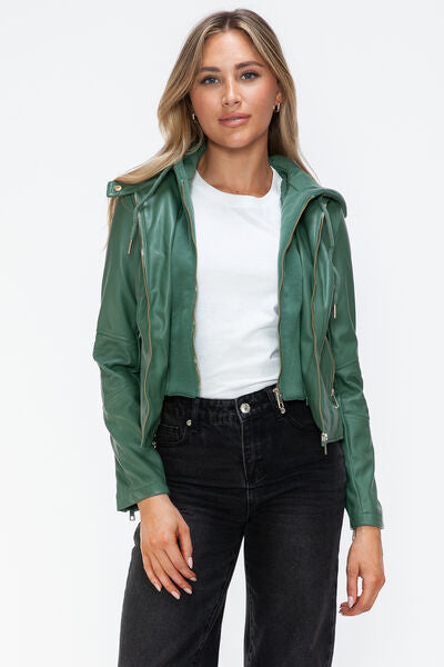 Veste à capuche en similicuir zippée avec cordon de serrage pour femme, élégante et décontractée, en cuir PU pour le streetwear