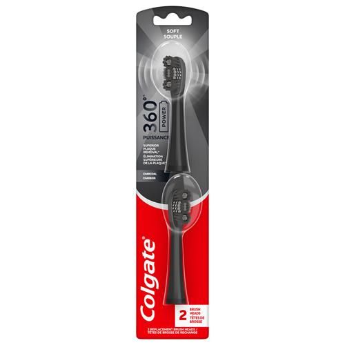 Têtes de rechange pour brosse à dents électrique au charbon actif 360 de Colgate, compatibles avec toute brosse à dents à pile 360, dotées de poils souples et d'un polissoir en caoutchouc sur chaque tête de rechange, paquet de 2