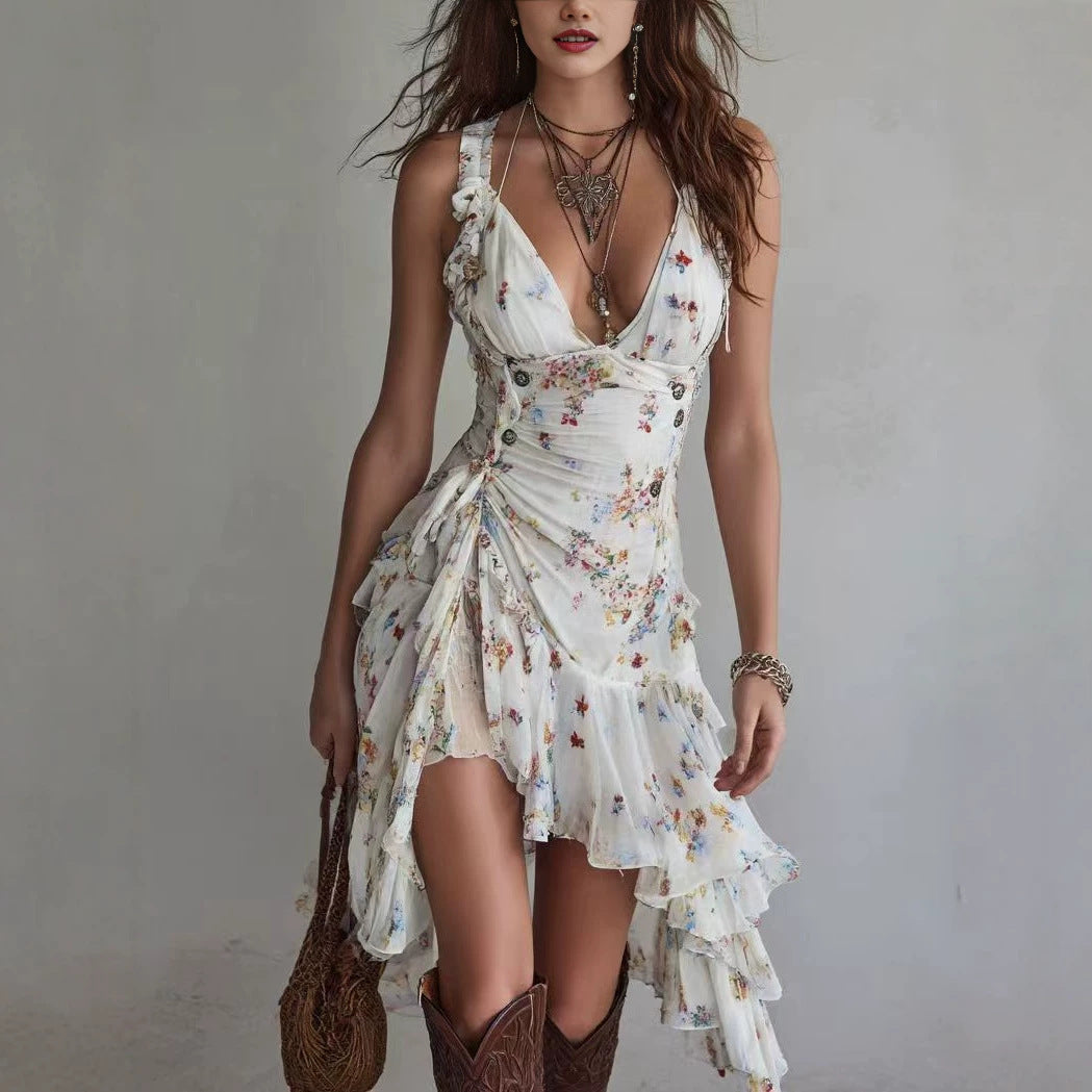 Robe en mousseline à imprimé floral, col en V, lacets et volants – Coupe ajustée, ourlet asymétrique pour femme