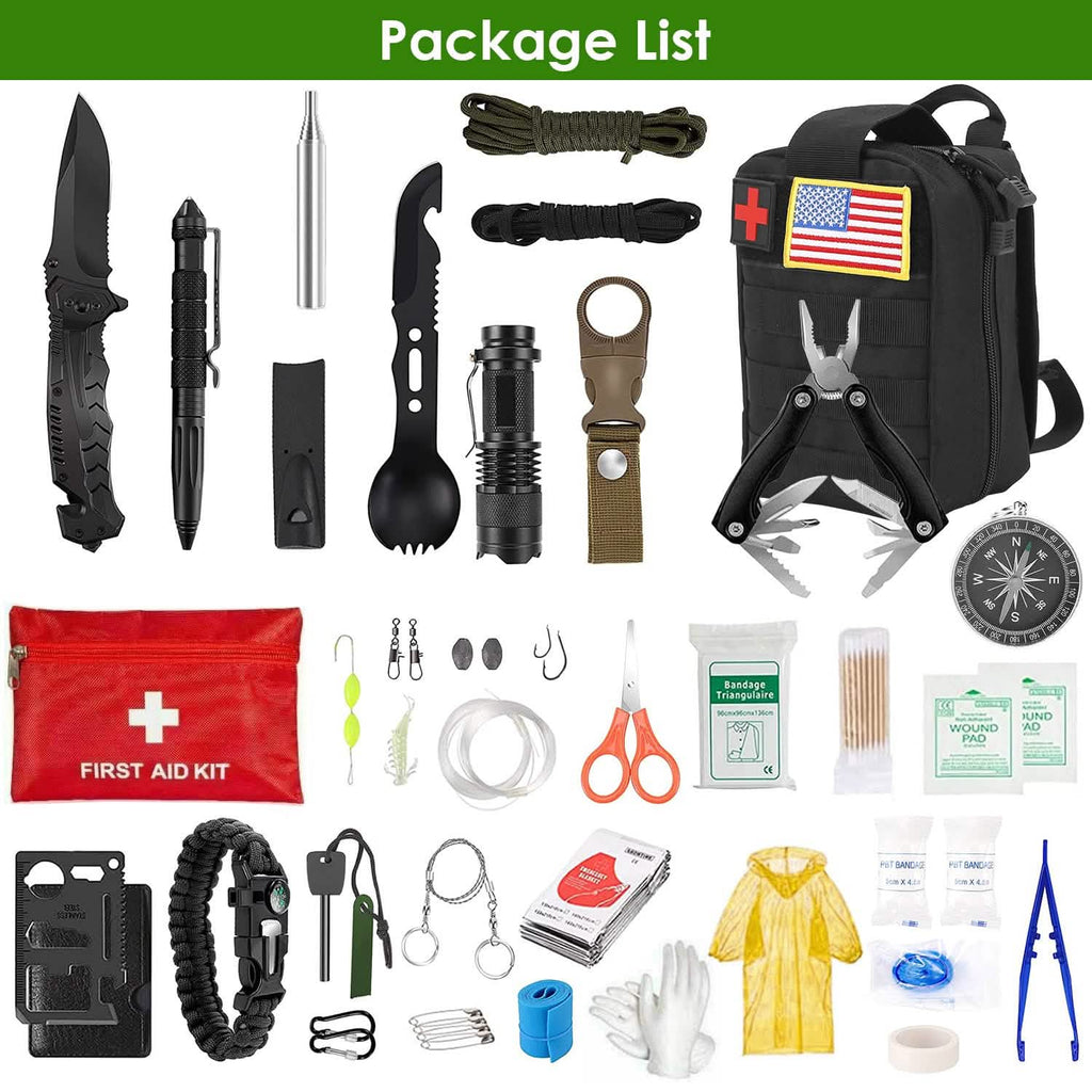 Kit de survie d'urgence 47 pièces - Outil et équipement EDC avec pochette