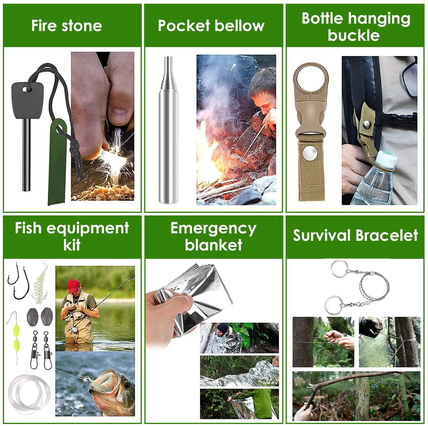 Kit de survie d'urgence 47 pièces - Outil et équipement EDC avec pochette